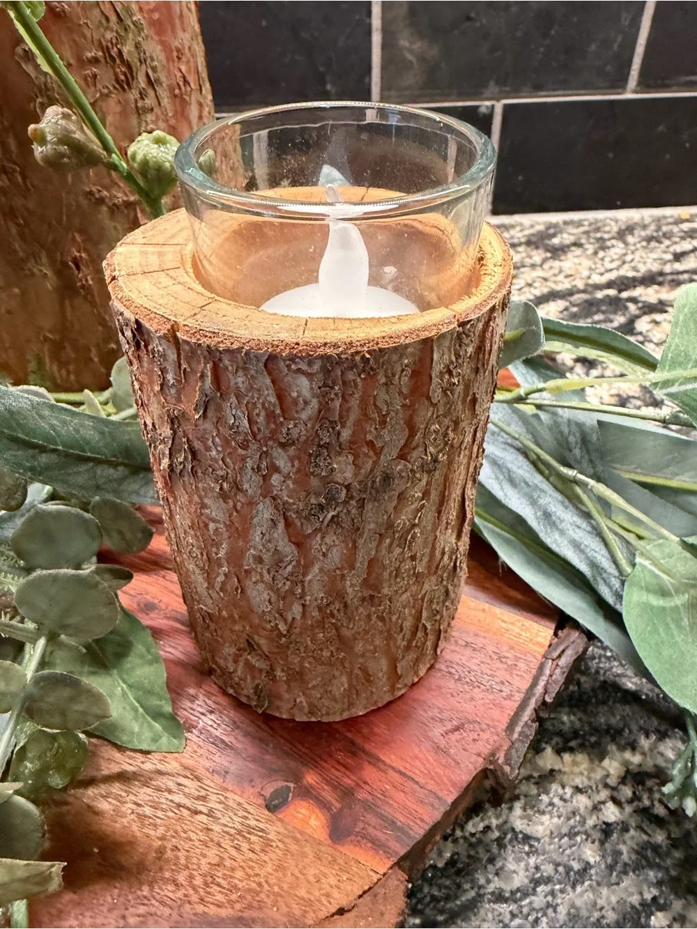 Rustic Lodge Cabin Wood Bark Votive Candle Holders - Natural Brown Centerpiece - Picture 14 of 15